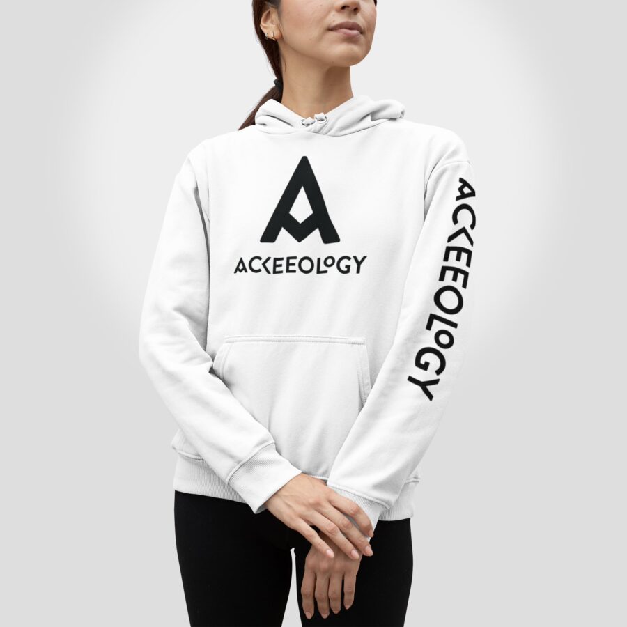 Ackeeology branded hoodie, in white, unisex