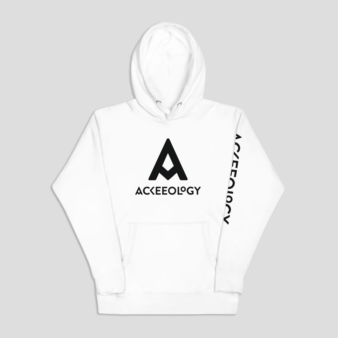 Ackeeology branded hoodie, in white, unisex